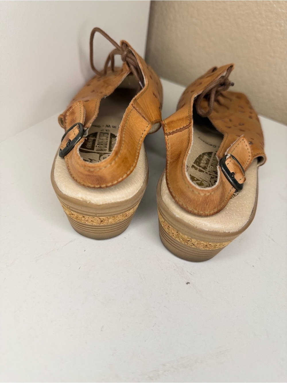 Vintage Worishofer West Germany Tan Leather Lace Up Wedge Sandals EU 37 Boho - Picture 5 of 8